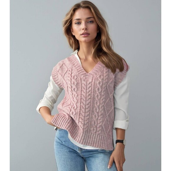 Classic Cable Knit Sweater Vest Peach Pink - Picture 1 of 2